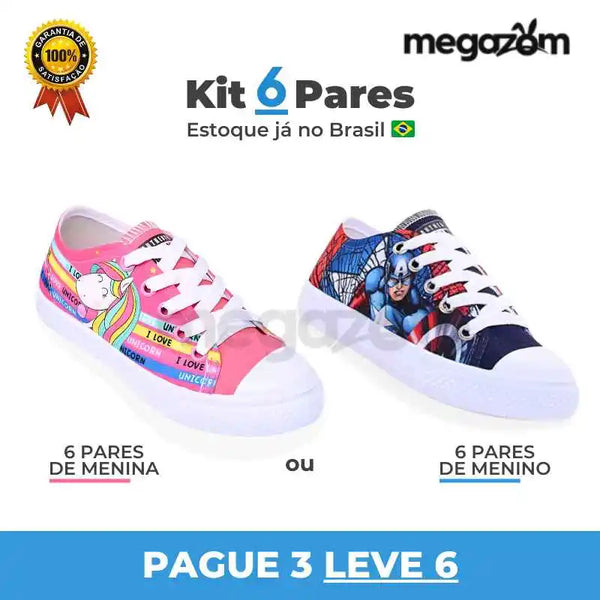 Kit 6 Pares de Tênis Infantil - PAGUE 3 LEVE 6 + FRETE GRÁTIS